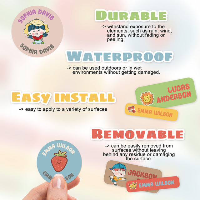 Custom Name Labels School Label Personalize Round Circle Rectangle Daycare Stickers Kids Sticker Waterproof | 58 116 174 232 290 labels - StickerBao Wheel Sticker Store