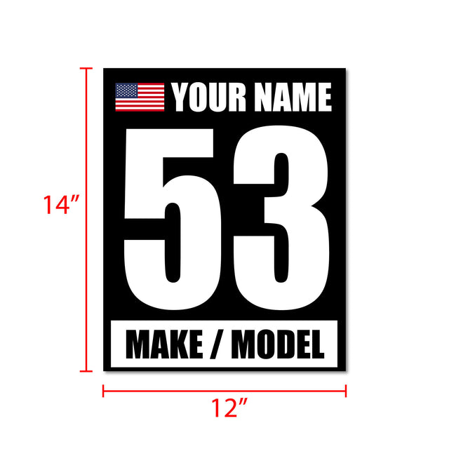 Racing Numbers Sticker Custom Autocross Vinyl Decal Name Make Model Flag 2 pieces White Words Black Background 12 inch x 15 inch - StickerBao Wheel Sticker Store