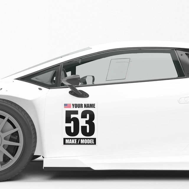 Racing Numbers Sticker Custom Autocross Vinyl Decal Name Make Model Flag 2 pieces Black Words White Background 12 inch x 15 inch - StickerBao Wheel Sticker Store