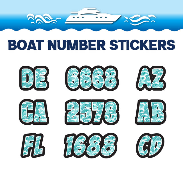 Custom Boat Registration Numbers Stickers Letter Decal 2pcs - Pattern Ocean Waves C098