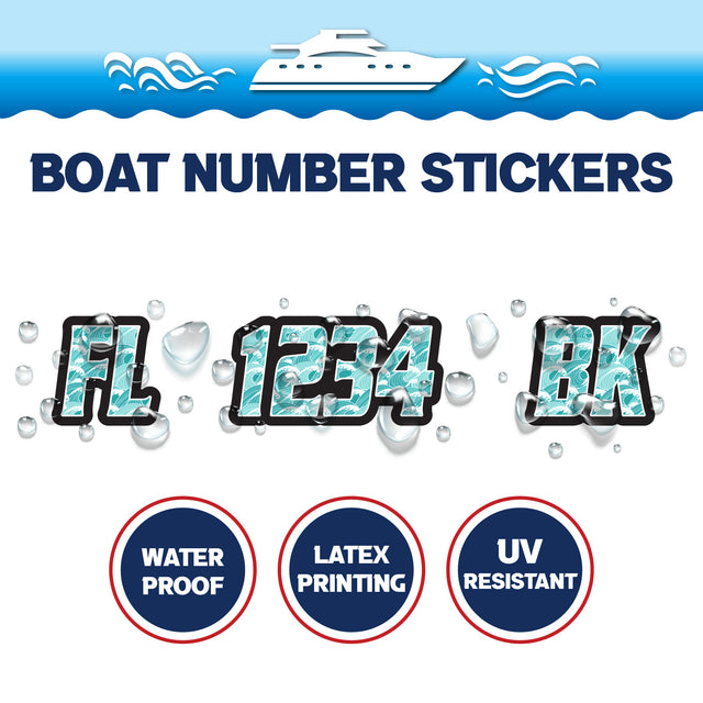 Custom Boat Registration Numbers Stickers Letter Decal 2pcs - Pattern Ocean Waves C098