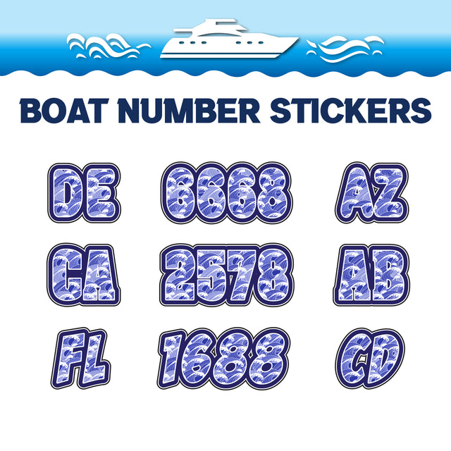 Custom Boat Registration Numbers Stickers Letter Decal 2pcs - Pattern Ocean Waves C106