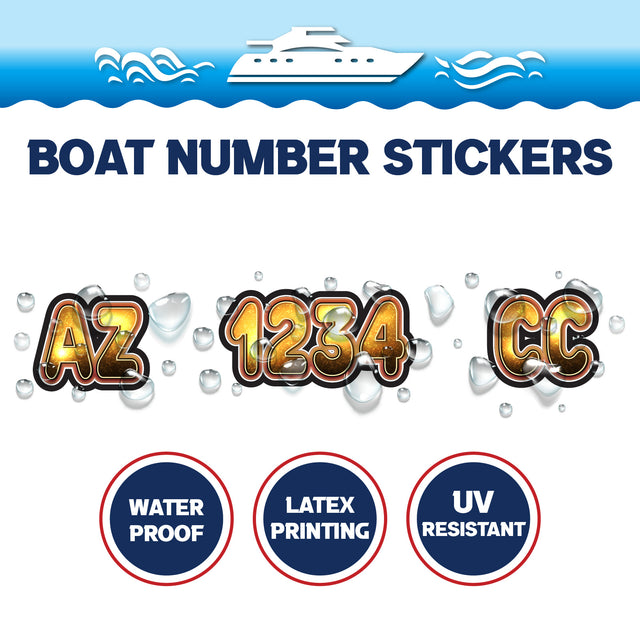 Custom Boat Registration Numbers Stickers Letter Decal 2pcs - 3D Gold C164