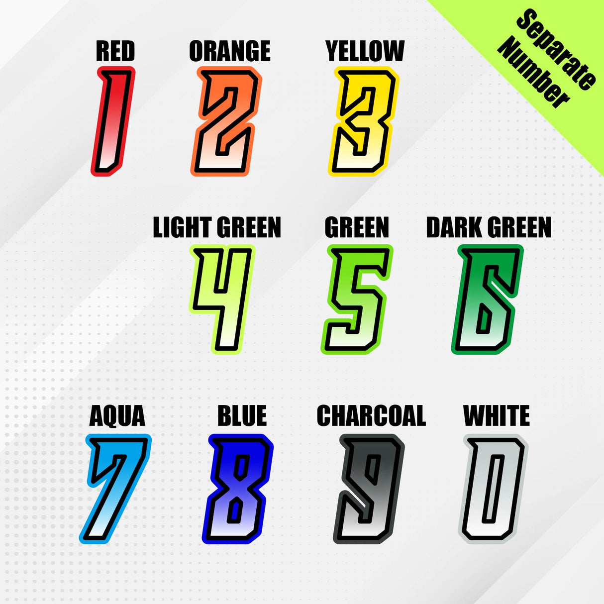 Custom racing number sticker for personalizing race gear Diecut stickers gradient 1 2 3 4 5 6 7 8 9 0