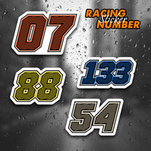Load image into Gallery viewer, Leave your mark with our custom racing number stickers. 2 piece, a range of 6-16 inches in size, 27+ color
