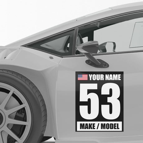 Racing Numbers Sticker Custom Autocross Vinyl Decal Name Make Model Flag 2 pieces White Words Black Background 12 inch x 15 inch - StickerBao Wheel Sticker Store
