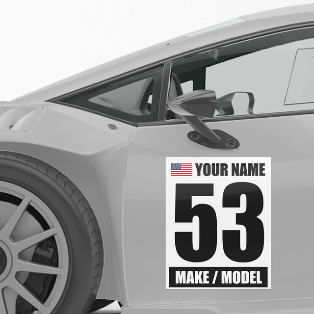 Racing Numbers Sticker Custom Autocross Vinyl Decal Name Make Model Flag 2 pieces Black Words White Background 12 inch x 15 inch - StickerBao Wheel Sticker Store