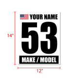 Racing Numbers Sticker Custom Autocross Vinyl Decal Name Make Model Flag 2 pieces Black Words White Background 12 inch x 15 inch