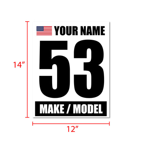 Racing Numbers Sticker Custom Autocross Vinyl Decal Name Make Model Flag 2 pieces Black Words White Background 12 inch x 15 inch - StickerBao Wheel Sticker Store