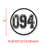 Calcomanía de vinilo con números de carreras de autocross personalizados, 2 piezas, círculo, palabras negras, fondo blanco, diámetro de 8 pulgadas, 10 pulgadas, 12 pulgadas, 15 pulgadas y 18 pulgadas