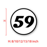 Calcomanía de vinilo con números de carreras de autocross personalizados, 2 piezas, círculo, palabras negras, fondo blanco, diámetro de 8 pulgadas, 10 pulgadas, 12 pulgadas, 15 pulgadas y 18 pulgadas