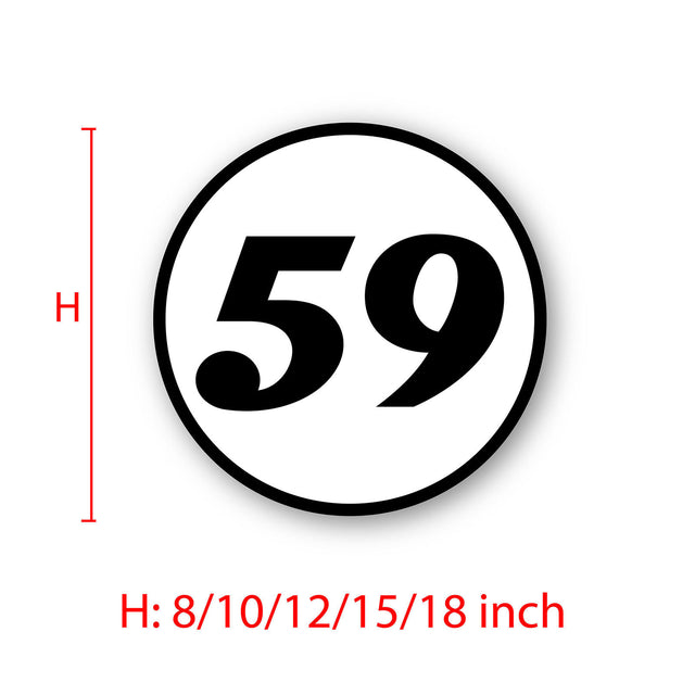 Calcomanía de vinilo con números de carreras de autocross personalizados, 2 piezas, círculo, palabras negras, fondo blanco, diámetro de 8 pulgadas, 10 pulgadas, 12 pulgadas, 15 pulgadas y 18 pulgadas