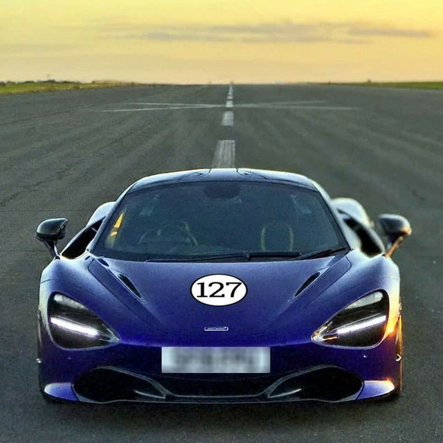 Calcomanía de vinilo con números de carreras de autocross personalizados, 2 piezas, círculo, palabras negras, fondo blanco, diámetro de 8 pulgadas, 10 pulgadas, 12 pulgadas, 15 pulgadas y 18 pulgadas