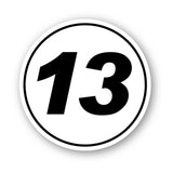 Calcomanía de vinilo con números de carreras de autocross personalizados, 2 piezas, círculo, palabras negras, fondo blanco, diámetro de 8 pulgadas, 10 pulgadas, 12 pulgadas, 15 pulgadas y 18 pulgadas