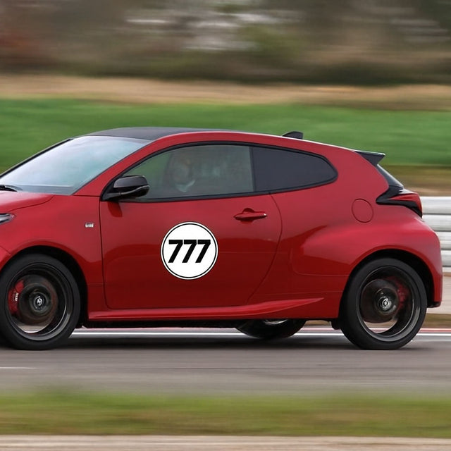 Calcomanía de vinilo con números de carreras de autocross personalizados, 2 piezas, círculo, palabras negras, fondo blanco, diámetro de 8 pulgadas, 10 pulgadas, 12 pulgadas, 15 pulgadas y 18 pulgadas