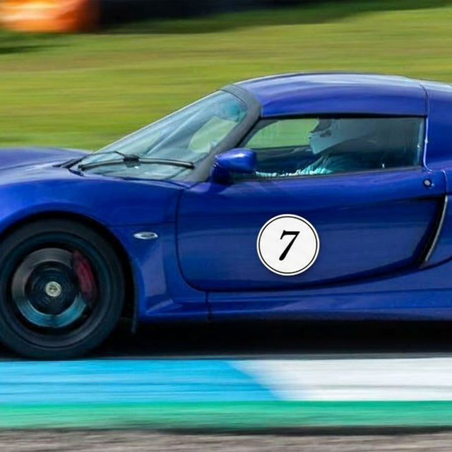 Calcomanía de vinilo con números de carreras de autocross personalizados, 2 piezas, círculo, palabras negras, fondo blanco, diámetro de 8 pulgadas, 10 pulgadas, 12 pulgadas, 15 pulgadas y 18 pulgadas