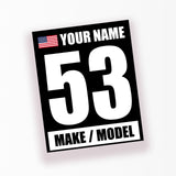 Racing Numbers Sticker Custom Autocross Vinyl Decal Name Make Model Flag 2 pieces White Words Black Background 12 inch x 15 inch - StickerBao Wheel Sticker Store