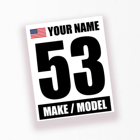 Racing Numbers Sticker Custom Autocross Vinyl Decal Name Make Model Flag 2 pieces Black Words White Background 12 inch x 15 inch - StickerBao Wheel Sticker Store