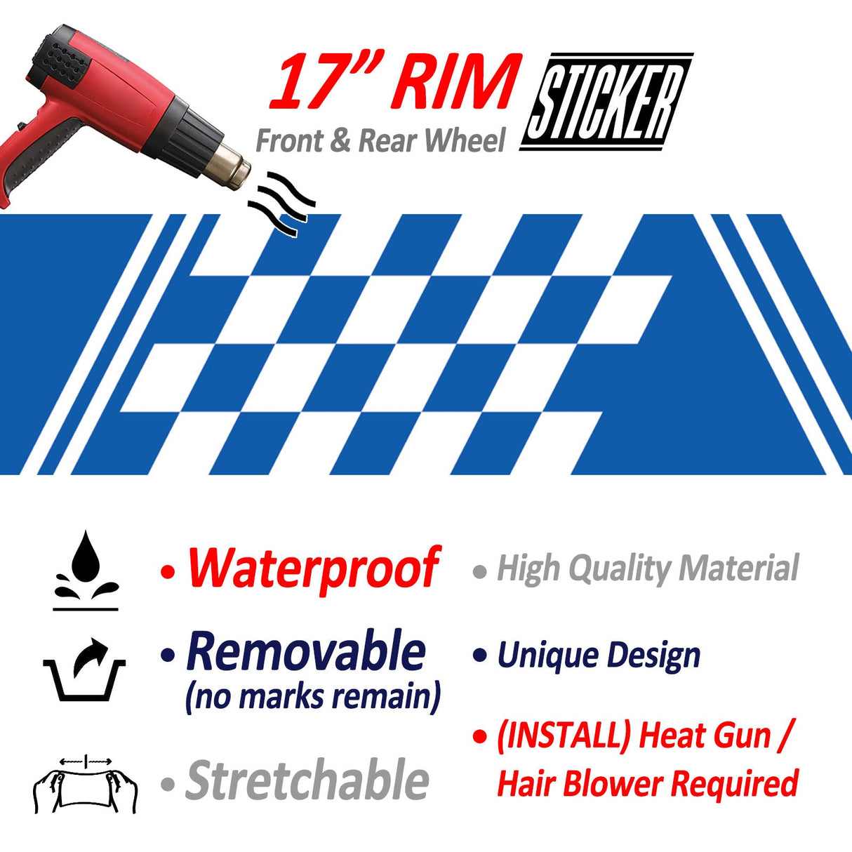 StickerBao Blue Universal 17 inch Motorcycle CHECK01 Advanced 2-Piece Rim Sticker Inner Edge Wheel Decal Check For Kawasaki